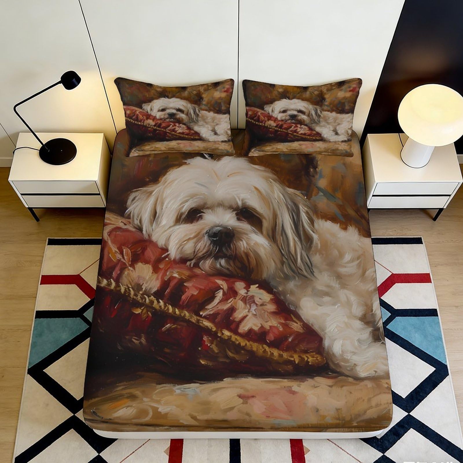 3D Printed Cute Dog Fitted Sheet Microfiber Soft Breathable Fluffy Puppy Mattress Cover for Bedroom Dormitory Guest Room Bed Protection Decor 200x200x25cm