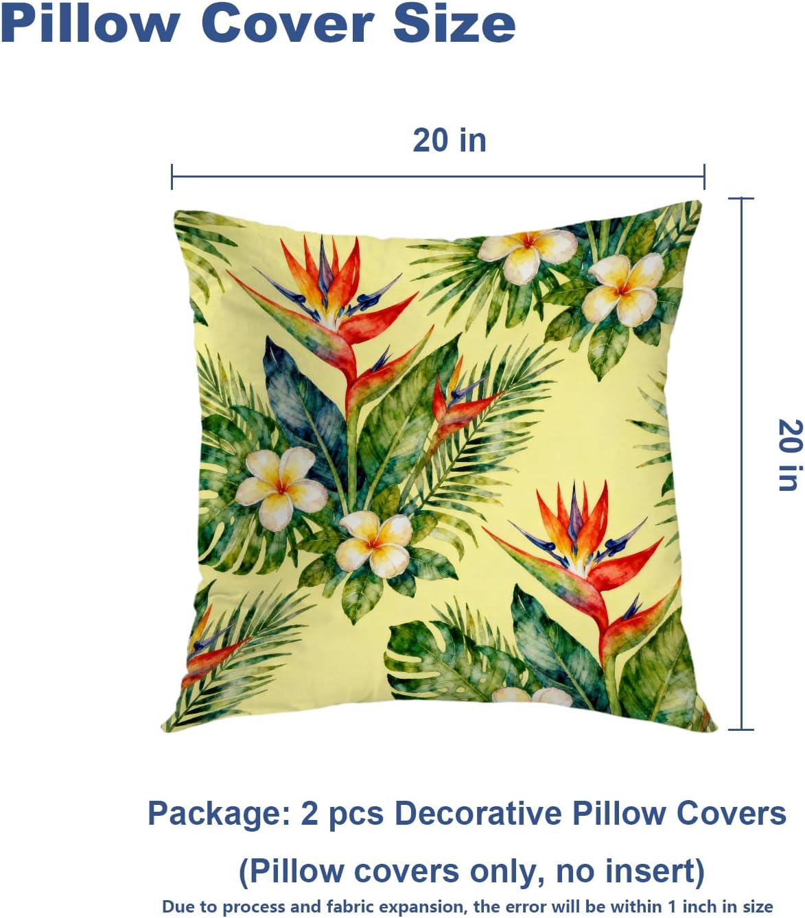 Batmerry Tropical Green Decorative Pillow Covers 20x20 Inch Set of 2, Beautiful Floral Exotic with Tropical Flowers Palm Leaves Cushion Throw Pillow Covers Outdoor Sofa Couch Bed Decor Pillowcase