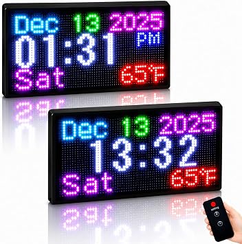 Outdoor Digital Wall Clock 16.5x9" Easy-Read Pixel UltraBright LED Display | Waterproof Large Clock Remote, Auto Dimming, Temp Monitor - Business/Factory/School/Gym