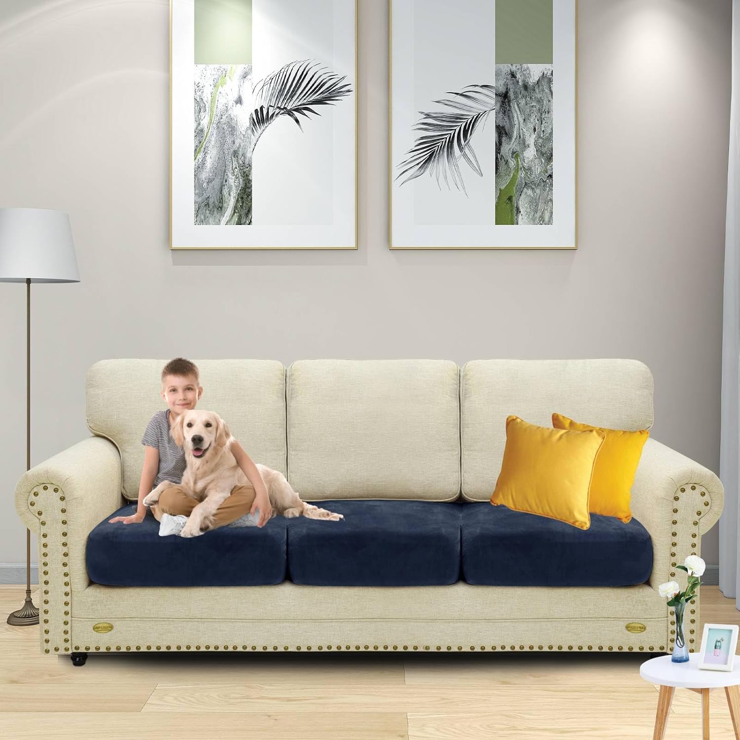 MAXIJIN Velvet Stretch Cushion Covers Fitted Couch Cushion Slipcovers Sofa Seat Cushion Covers for Individual Cushions with Elastic Bottom (3 Piece Sofa Seat Slipcovers, Navy Blue)