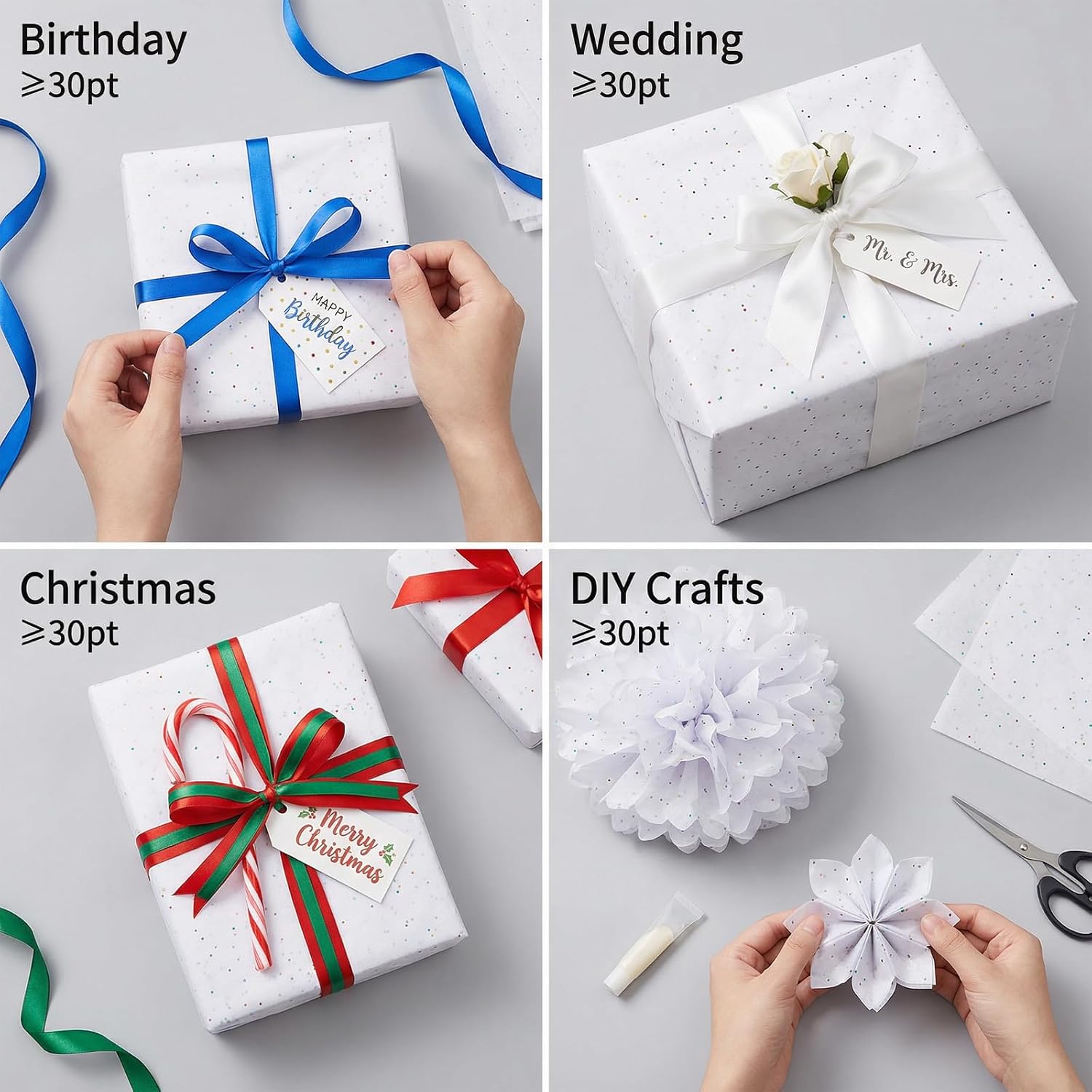 houlishu 50 Sheets White Glitter Tissue Paper - 20x13 Inch Sparkling Gift Wrapping Paper for DIY Crafts Birthday Wedding Graduation Holiday Flowers