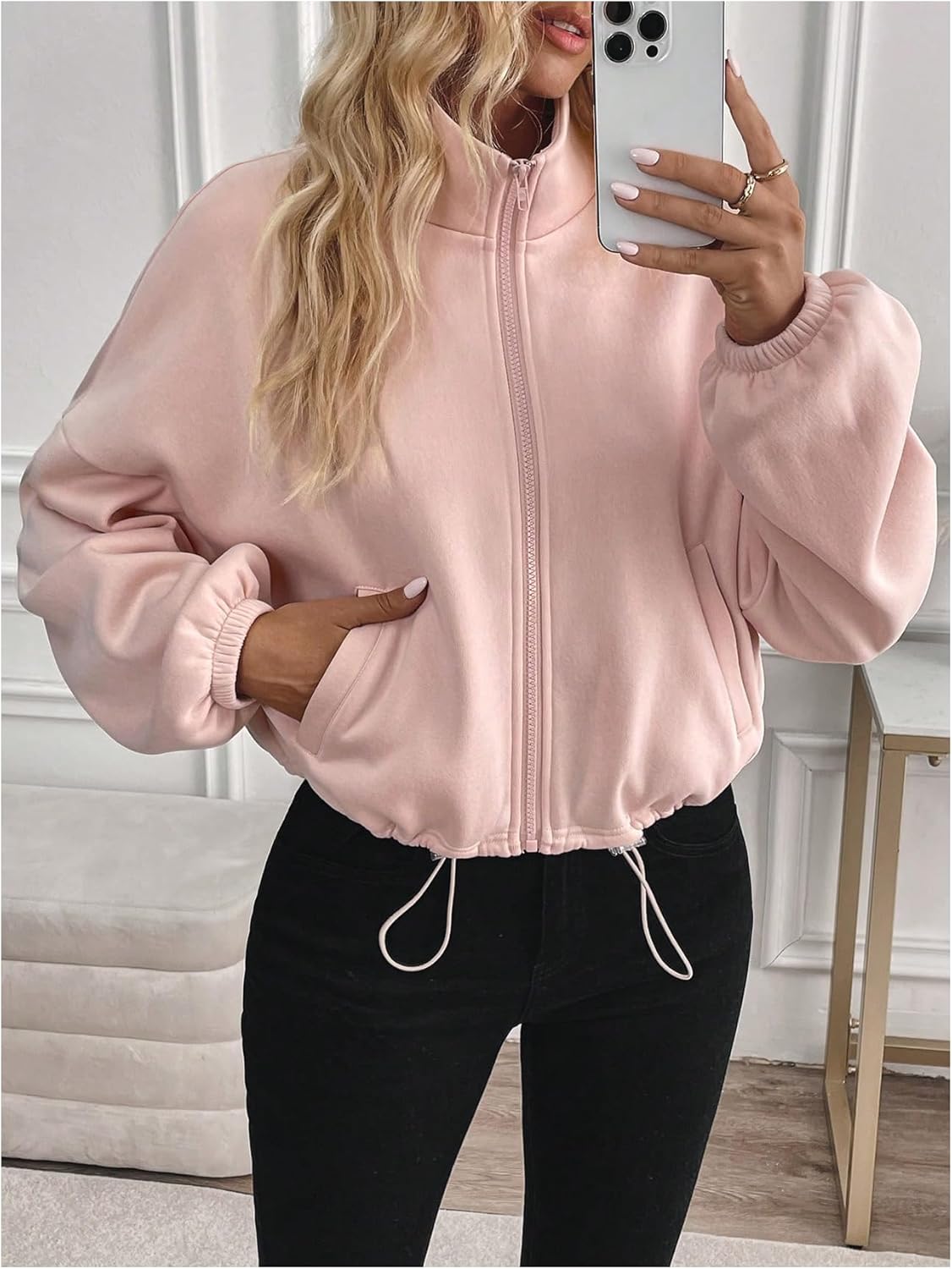 GORGLITTER Women's Zip Up Hoodie Cropped Sweatshirt Jacket Long Sleeve Drawstring Coats with Pockets - Image 5