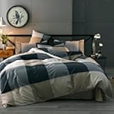 MKXI Plaid Comforter Set Queen Size, Geometric Checkered 3 Pieces Bedding Set Men Boys, Modern Style Comforter with 2 Pillow Shams All Season Soft Fluffy Bedding Set-(Tan,Dark Blue Grey,Khaki)