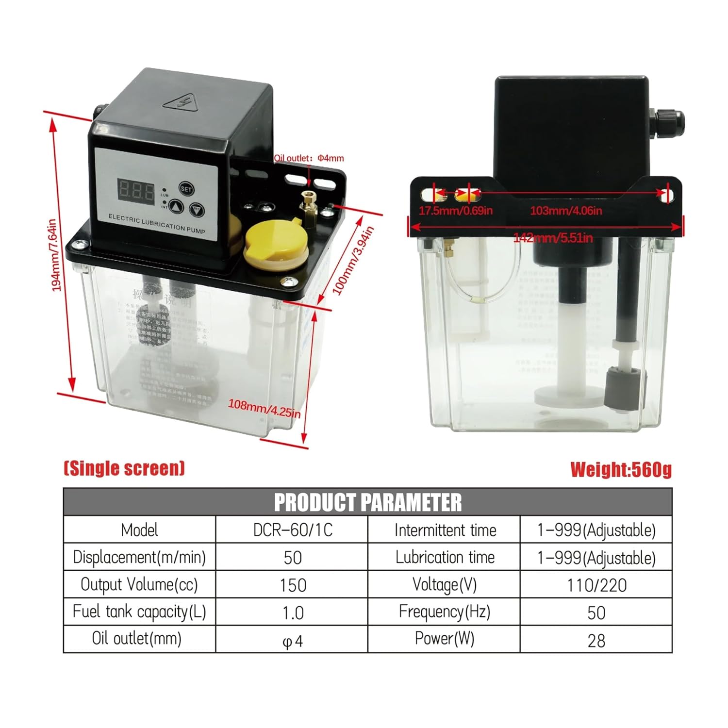 electromagnetic lubricating Pump 0.5/1/2L Automatic Lubricating Oil Pump 110V 220V Outlet 4mm Electromagnetic Lubricant for CNC Engraver(110V,CN_1L Single Display)