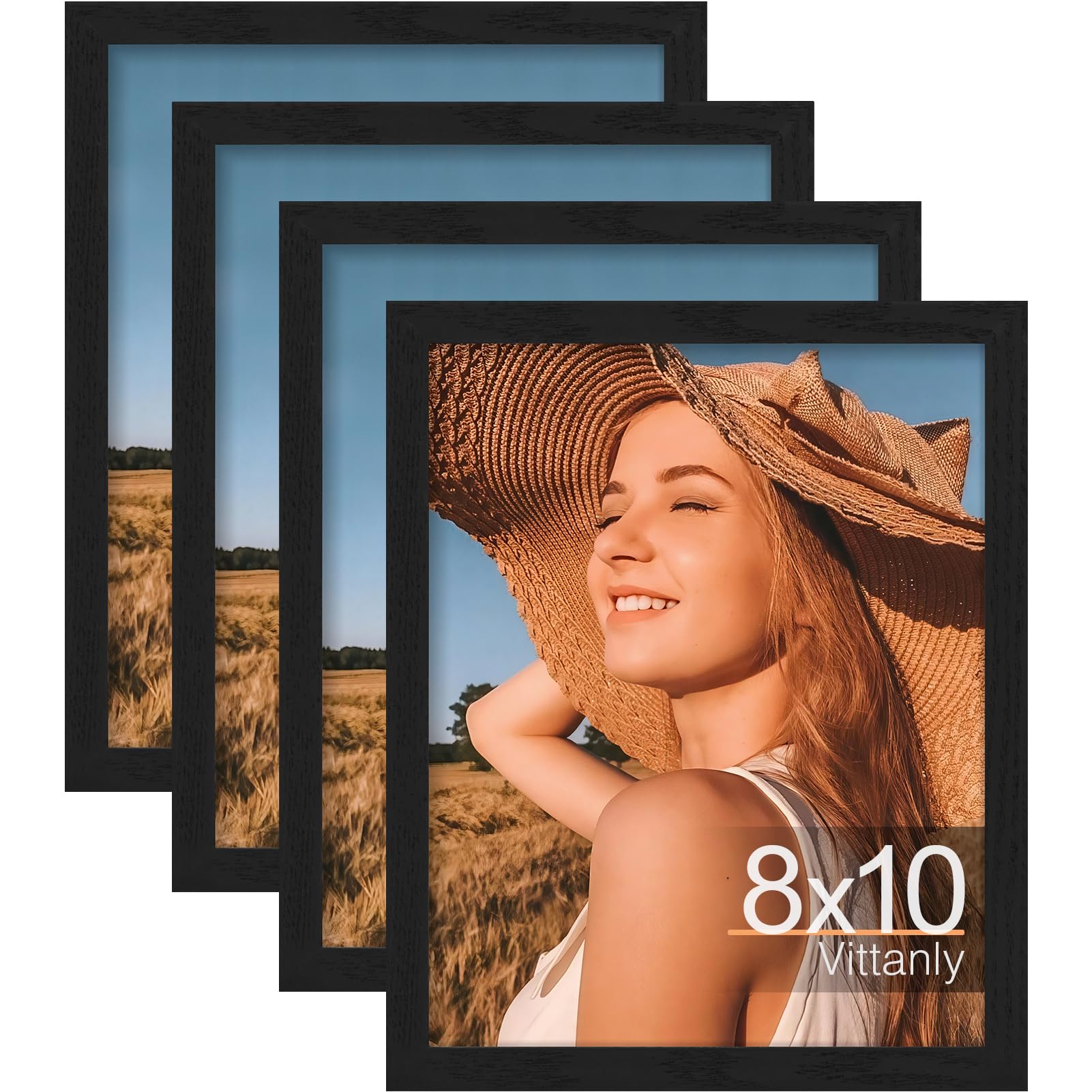 Vittanly 8x10 Picture Frame Set of 4, Display Pictures 5x7 with Mat or 8x10 without Mat, Engineered Wood with Shatter Resistant Plexiglass, Wall Gallery Photo Frames for Wall or Tabletop, Black