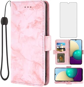 Asuwish Compatible with Samsung Galaxy A02 Case and Tempered Glass Screen Protector Accessories Card Holder Slot Kickstand Marble Wallet Phone Covers for Gaxaly A 02 5G Glaxay 02A Galaxies M02 Pink