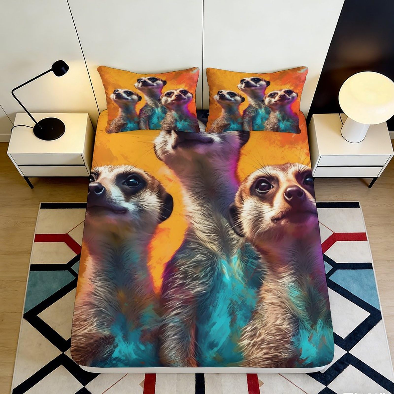 3D Printed Meerkat Animal Fitted Sheet Microfiber Soft Colorful Wildlife Bed Cover for Bedroom Guest Room Mattress Decor 90x200x25cm