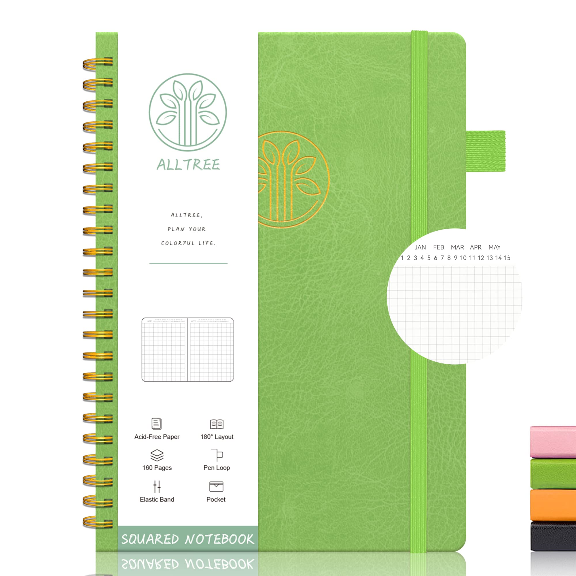 Alltree Graph Paper Spiral Notebook, Spiral Graph Notebook, Medium 6 inches x 8.25 inches, 160 Pages, Hardcover Grid Journal for Women, Green