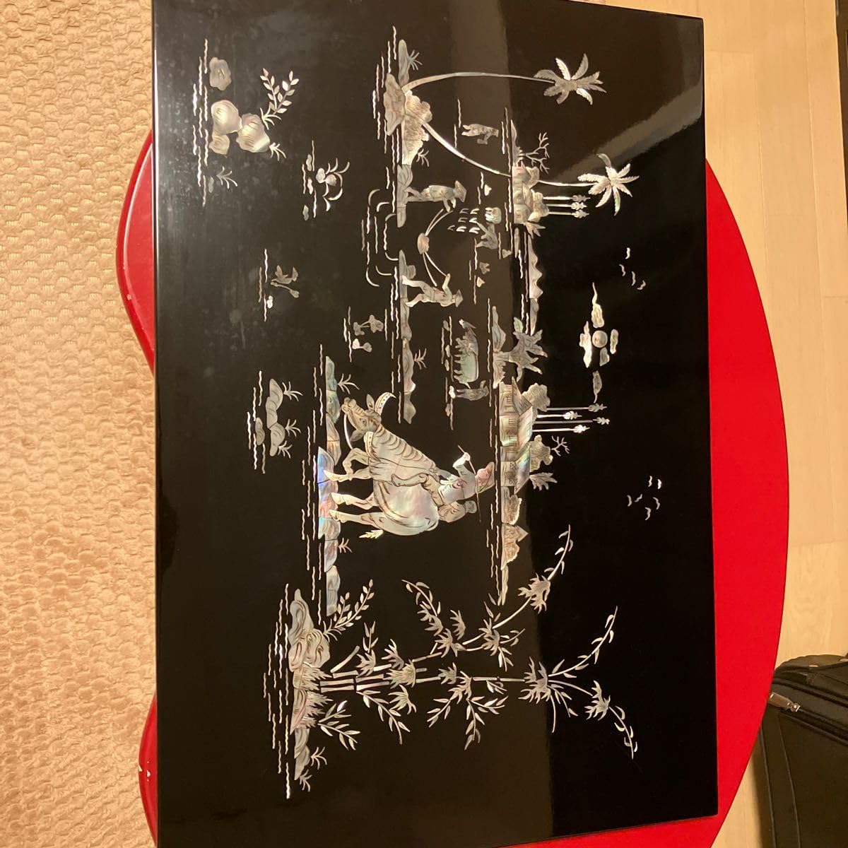 螺鈿細工 漆工 壁飾り 螺鈿細工 小箱『春の水辺 Ⅱ』七宝つなぎ紋 かえるモチーフ