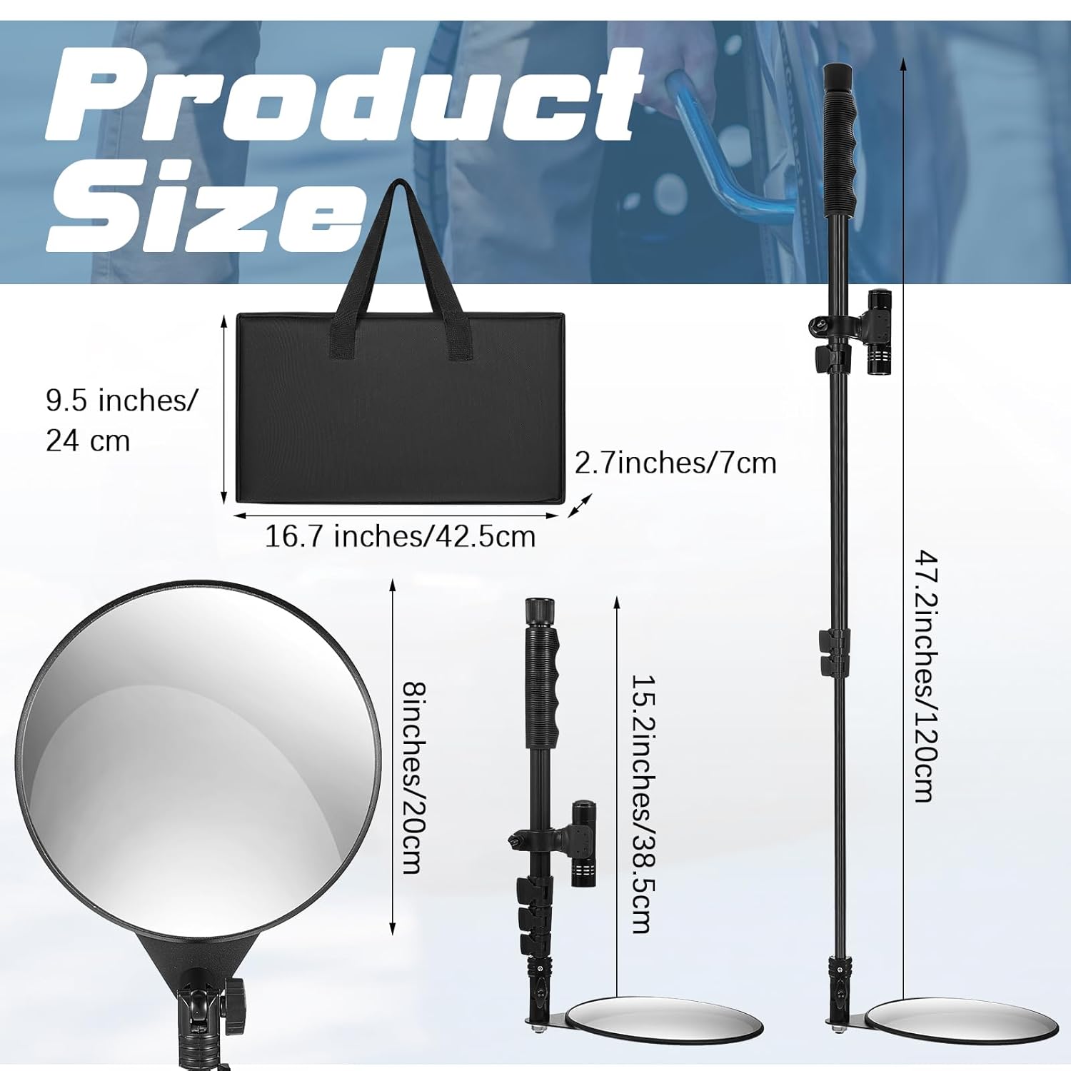 Barydat 4 Pack Under Vehicle Inspection Mirror with Telescoping Handle and Light 8 Inch Diameter Security Angle Adjustment Handheld Inspection Mirror for Under Car Truck Equipment Over Shelf
