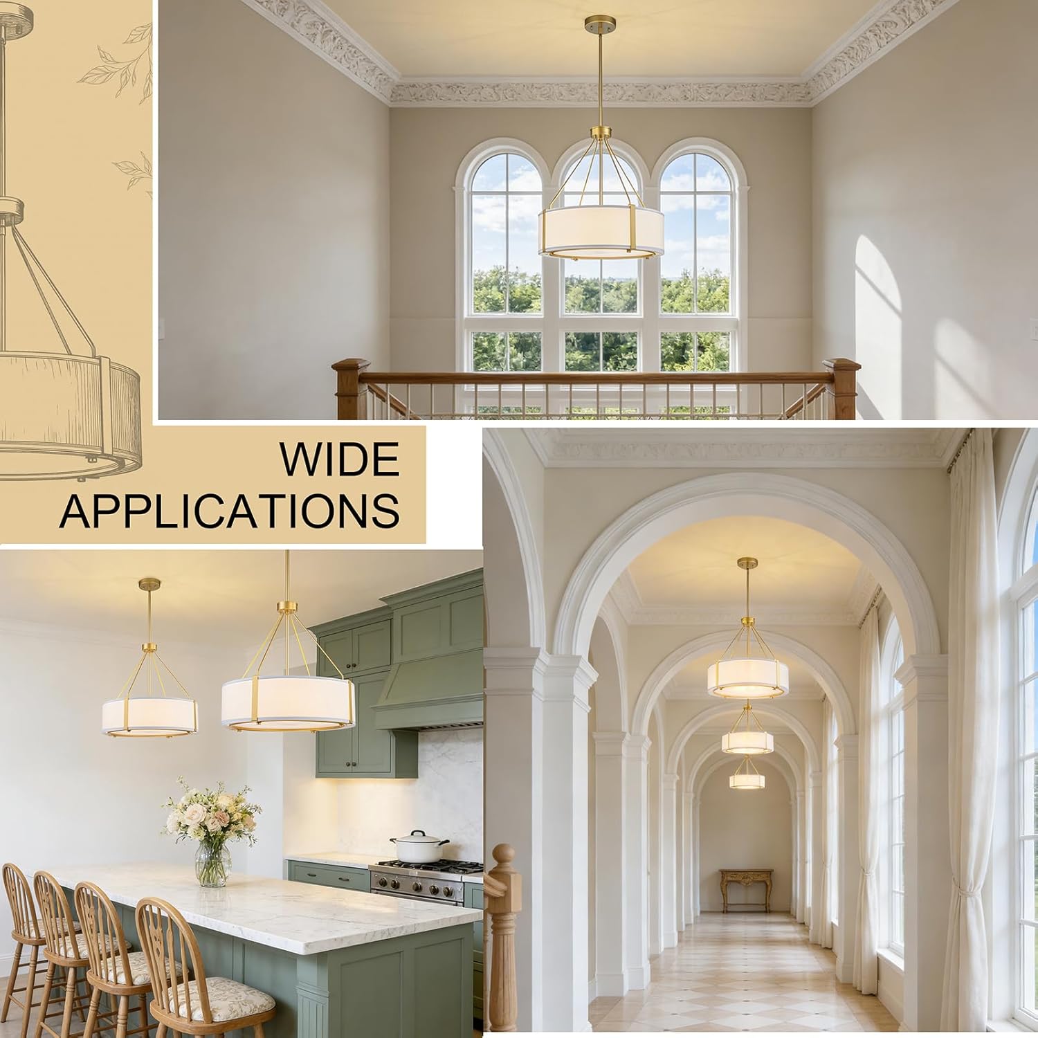 20'' Gold Drum Chandeliers, Modern Dining Room Chandelier with White Shade, 5-Light Antique Brass Chandeliers, Adjustable Hanging Pendant Light Fixture for Kitchen Island Living Room