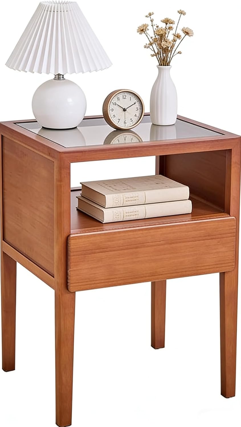 Bamboo Nightstand with Tempered Glass Surface - Eco-Friendly Multi-Functional Bedroom Side Table Walnut Gray