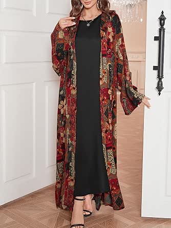 Women's Long Sleeve Geometry Abaya 2026 Kimono Lapel Flare Sleeve Modest Arabian Clothing