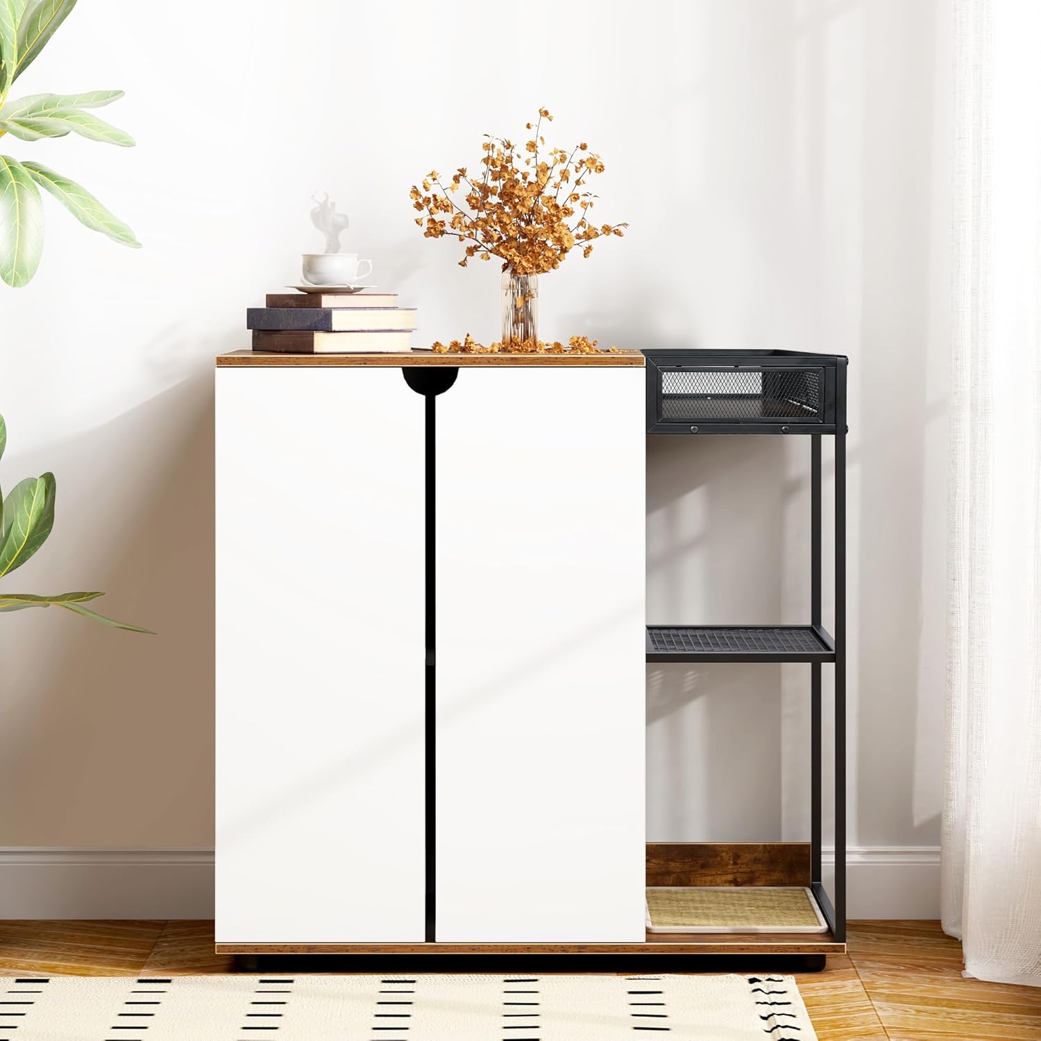 Corner Cat Tower, Cat Tree with Scratching Post, Multi-Functional Cat Condo with Feeding Station, Climbing Platforms, Pet Furniture for Indoor, Durable P2 Grade Particle Board, White+Light Oak (H)