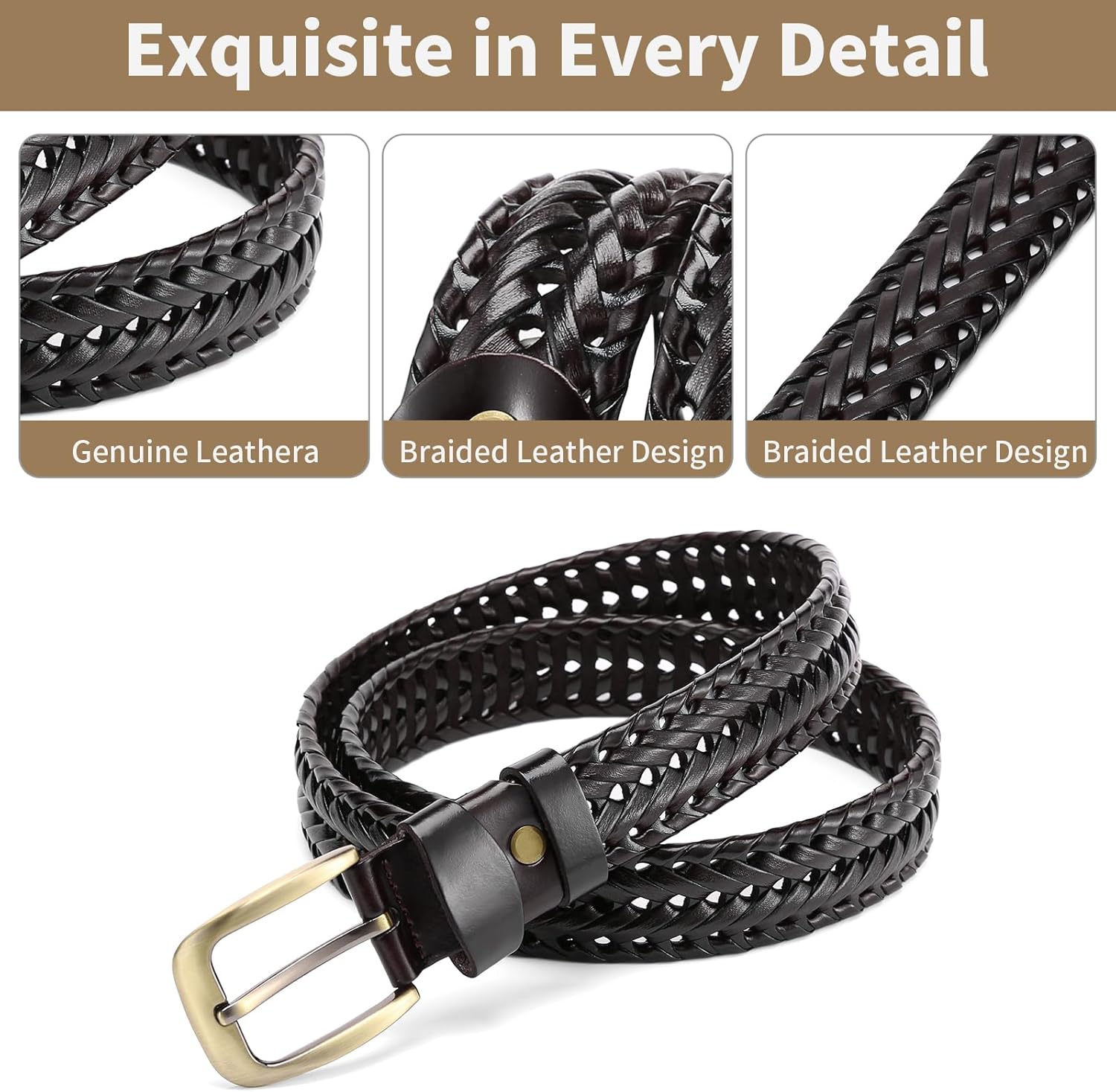 Genuine Leather Braided Belts for Men, 1 3/8" Casual Woven Belt, Jeans Golf Dress Pants, Gift Box - Image 4