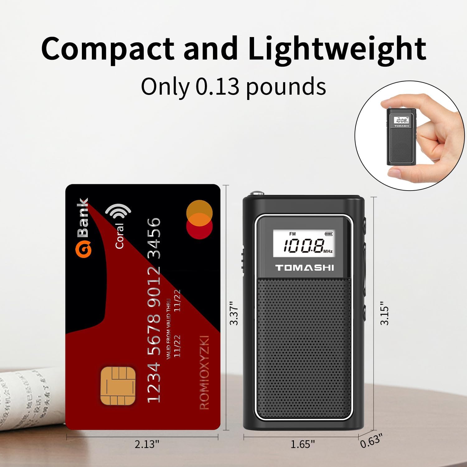 TOMASHI Model 6200 radio next to a credit card for size comparison
