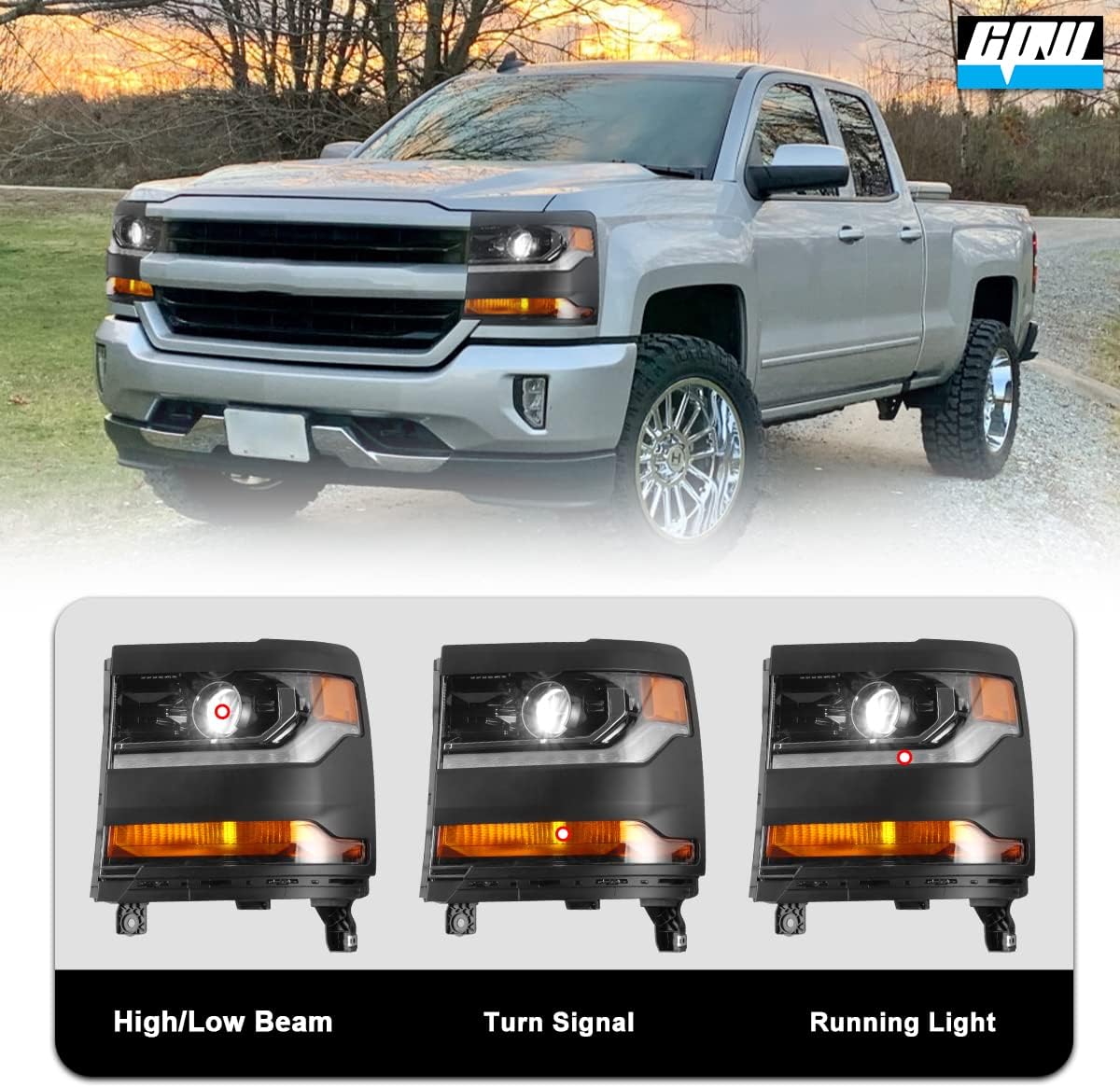CPW Headlights Compatible with [2016 2017 2018 2019 Chevy Silverado 1500] LED DRL Turn Signal Lights Projector Dual Beam Headlamps (Black) - Driver Side Only