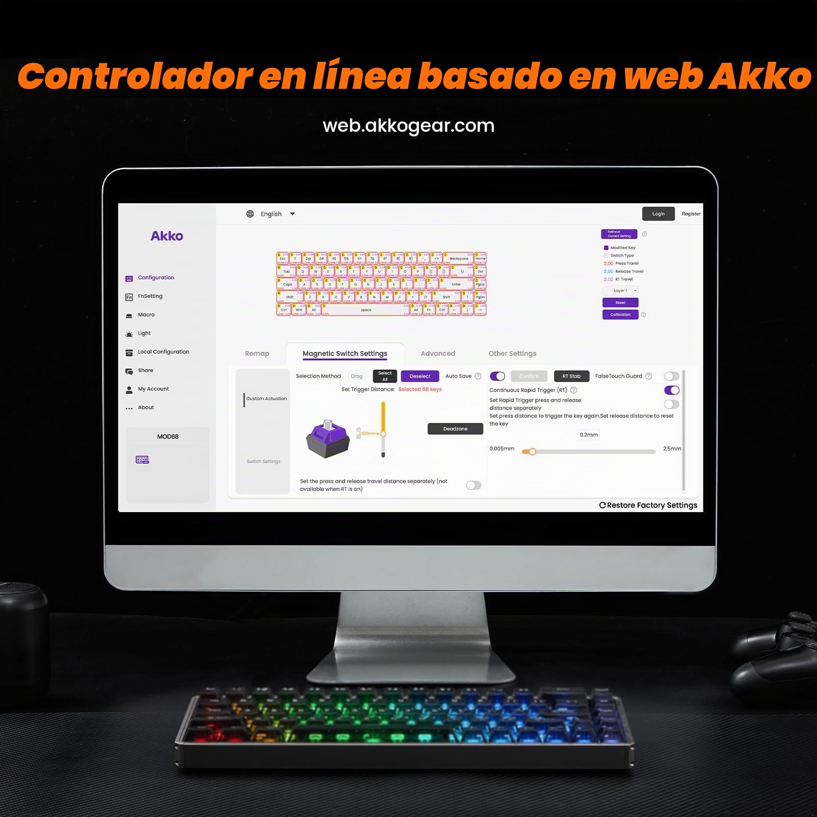Akko MOD68 HE Teclado 65% AZERTY Switch Magnético 8K CNC | Teclado Gaming Cableado Rapid Trigger, Switch AstroAim, RT0.005mm, 65% ISO-FR AZERTY Gaming/Trabajo