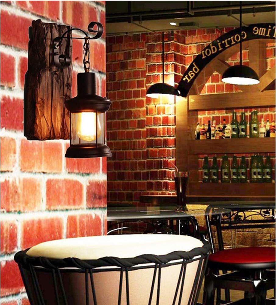 Antik Vintage Industrielle Style Holz Wandleuchte Rustikal Holz Wohnzimmer Wandlampe Metall Glas E27-Fassung Wandbeleuchtung Nachttisch Wandlampe Für Restaurant, Gang,Korridor,Bar,Cafe,1*E27