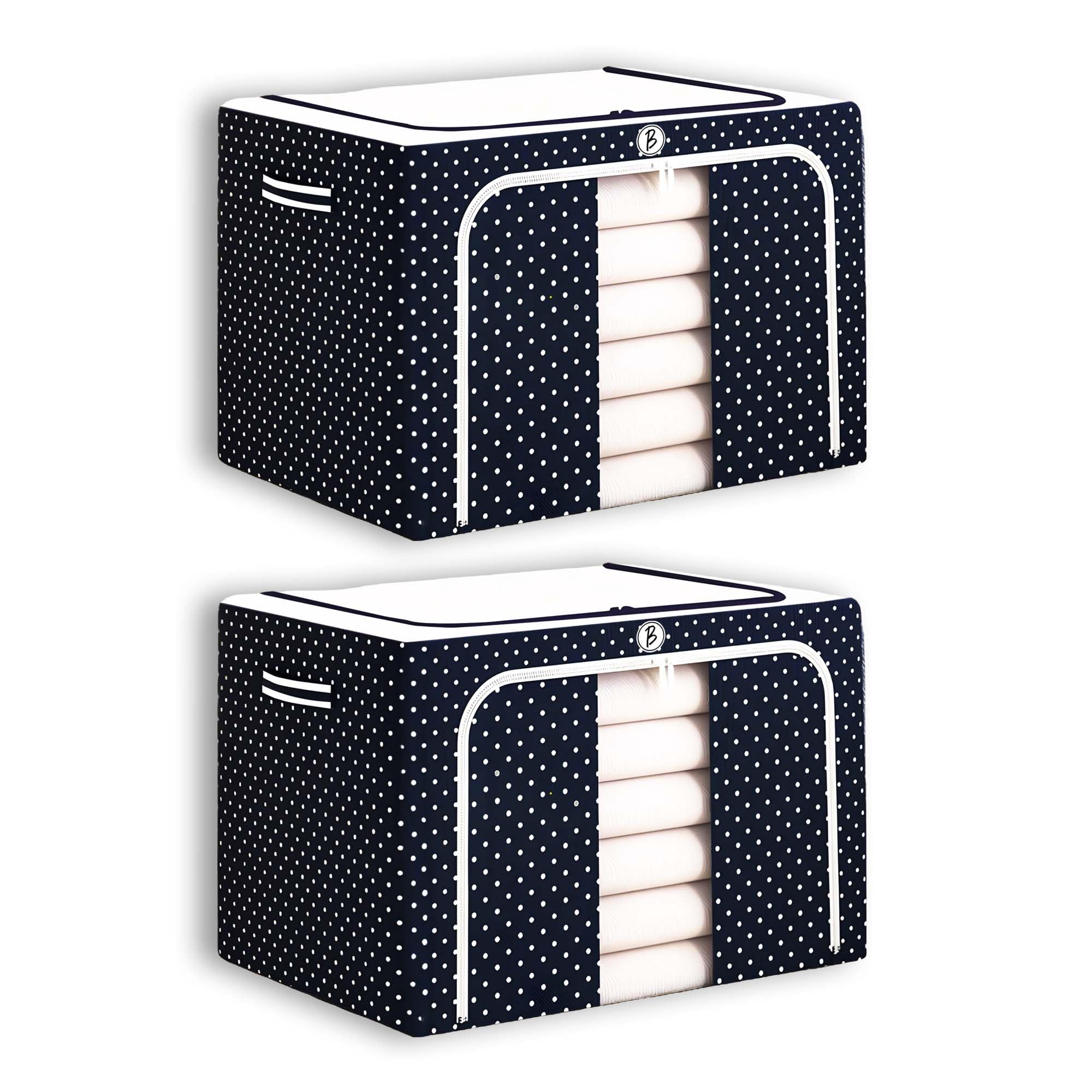 Pack of 2 Assorted Storage Baskets (49L x 39W x 30H CM) Non-Woven Foldable Wardrobe Organizer with Metal Frame Rectangle, Storage Box with Handles for Clothes, Books, Toys & Closet Use.