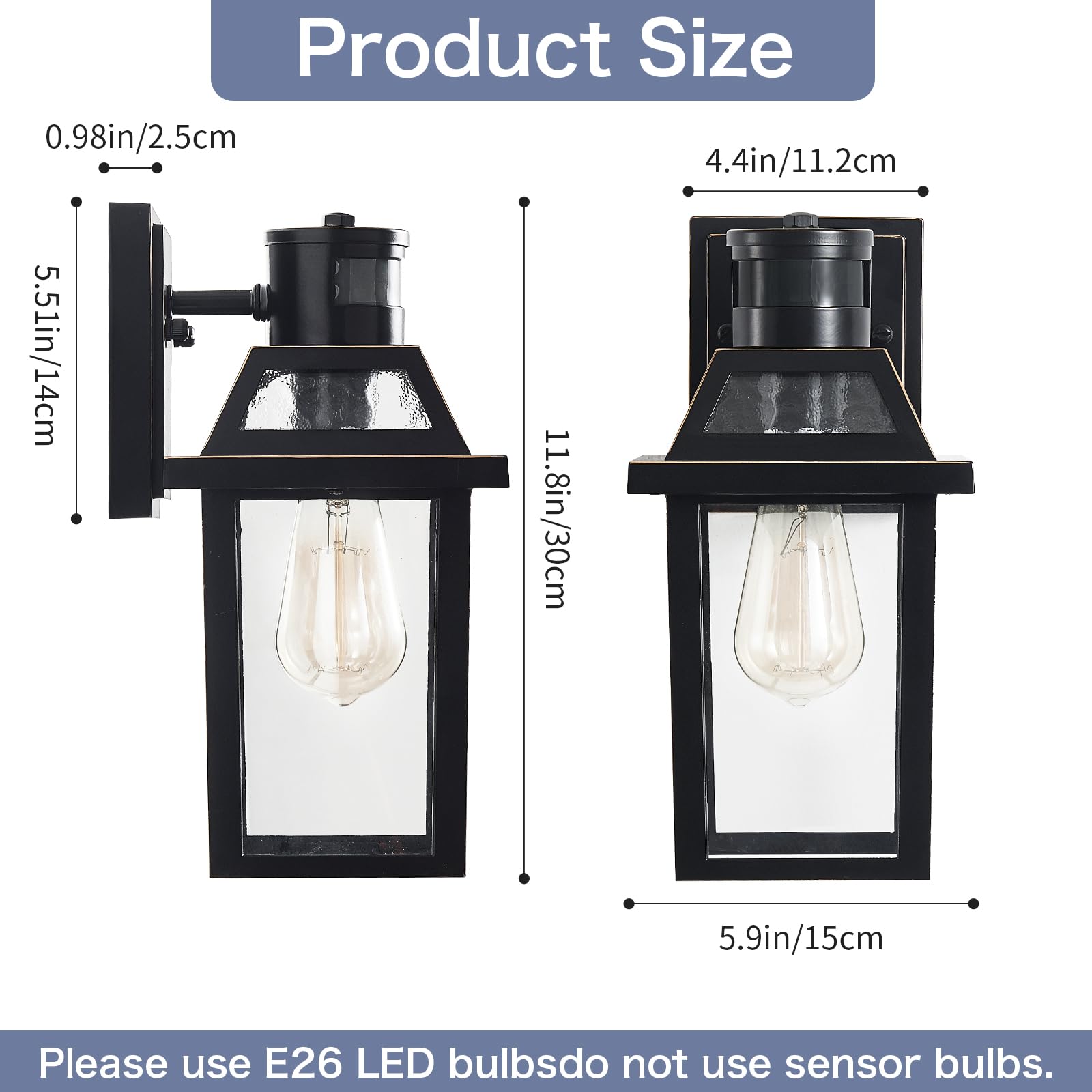 Yisuro - Farol de pared para exteriores con sensor de movimiento, 3 modos de iluminación, resistente a la intemperie, negro, 14,5 x 7,3 x 13,5 cm