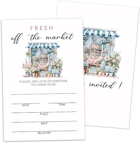 Bridal Shower Invitations with Envelopes, Fresh Off The Market, 25 Fill In Florist Themed Invites for Mr and Mrs New Couples, Wedding & Bridal Shower Party Favor Decorations -N18