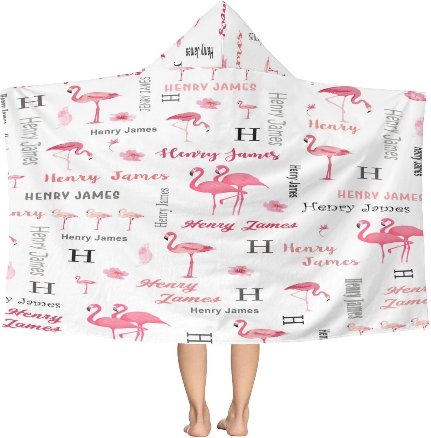 Personalized Flamingo Hooded Kids Bath Towels, Custom Beach Towel with Name, Absorbent Pool Towels with Buttons,30"x50" Toddler Hooded Towel Wrap for Boys Girls 3-10 Yrs