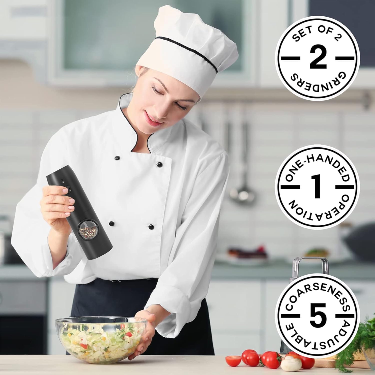 Topyond Electric Salt and Pepper Grinding Set with USB Charging Model with Adjustable Coarseness and LED Light, Rechargeable Automatic Pepper Mill Grinder (Black)