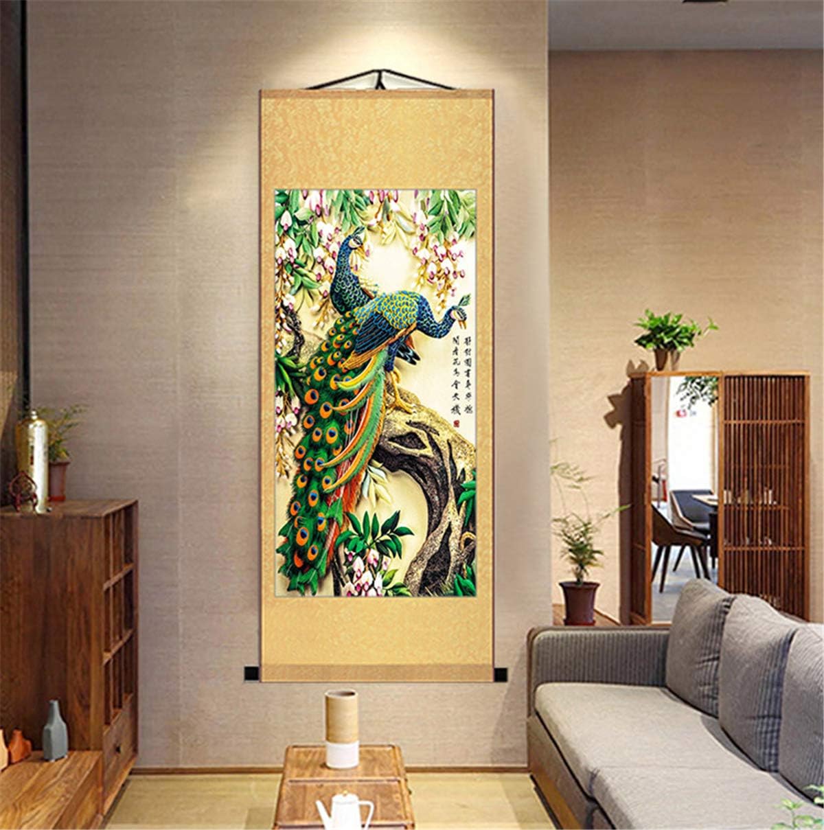 Zzooi Chinese Elegant Art Peafowls Painting Wall Art Hanging Scroll