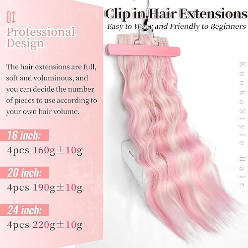 Miniatura 273 de KooKaStyle Extensiones de cabello rubio playa con clip, extensiones de cabello sintético largo ondulado y grueso, 4 piezas de 20 pulgadas para mujer