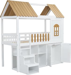 Litera, amplio espacio de almacenamiento, cama de madera, con armario, con ventana, marco de pino, con zapatero, escaleras seguras, diseño minimalista, barandilla estable, color blanco y natural, 90 x