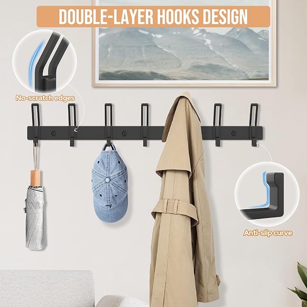 Alyvisun 2 Pieces Heavy Duty Wall Coat Hangers with 7 Hooks, Stainless Steel Coat Racks for Haning Jackets Scarves Bags, Coat Hooks Wall Mounted for Entryway Bathroom Kitchen (Black) - 4