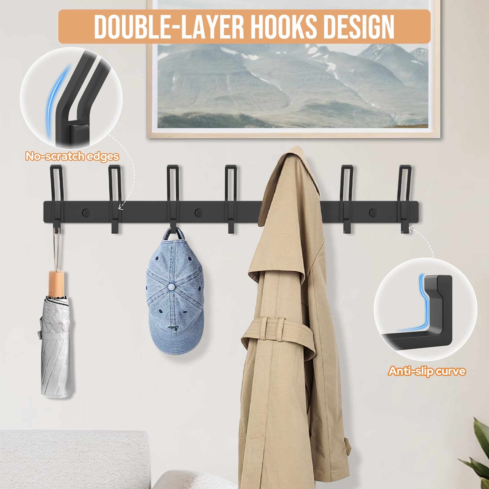 Alyvisun 2 Pieces Heavy Duty Wall Coat Hangers with 7 Hooks, Stainless Steel Coat Racks for Haning Jackets Scarves Bags, Coat Hooks Wall Mounted for Entryway Bathroom Kitchen (Black) — view 4