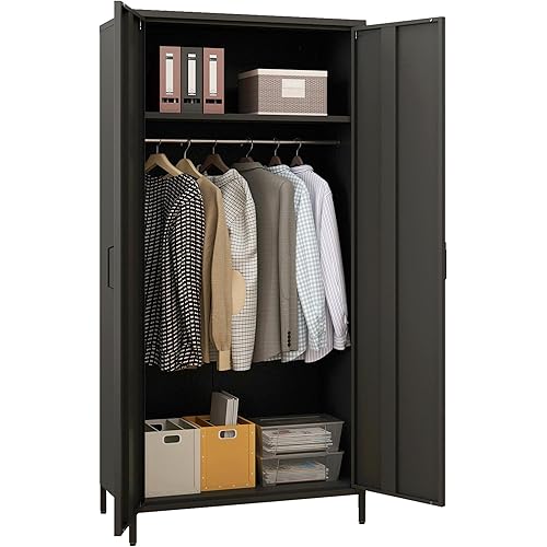 Metal Armoire, Wardrobe Closet Cabinet with Hanging Rod and Shelves for Bedroom, Changing Room, Laundry Room, Office (Black)