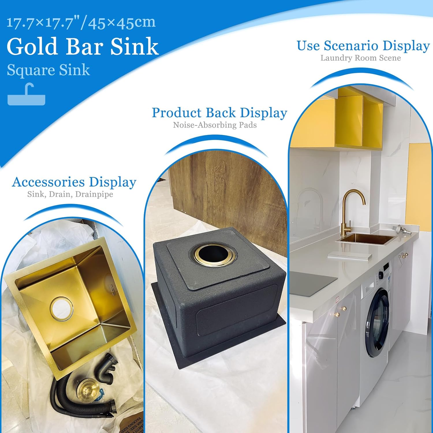 Gold Bar Prep Mini Trumpet Kitchen Essential 17.7 Inch Square Stainless Steel RV Utility Sink with Golden Drain Strainer Stopper, Single Bowl Undermount or Drop-In Gold 17.7 Inch Square