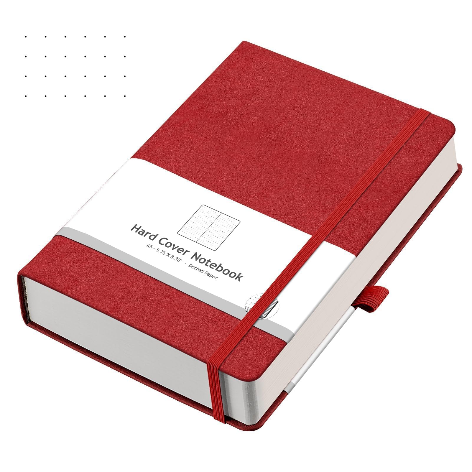 AHGXG Diario de puntos con viñetas, 320 páginas numeradas, cuadrícula de puntos, diario grueso A5, papel punteado grueso de 100 g/m², tapa dura de cuero, bolsillo interior, 14 x 21 cm, color rojo