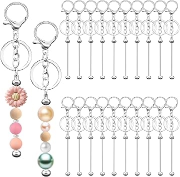 Eikovia 20 Pcs Keychain Making Kit,DIY Beadable Keychains Bulk Kit,Keychain Making Supplies for Crafts, Jewelry, Charms, DIY Projects, Blank Chain Beaded Keychains Design for Women Man,Silver