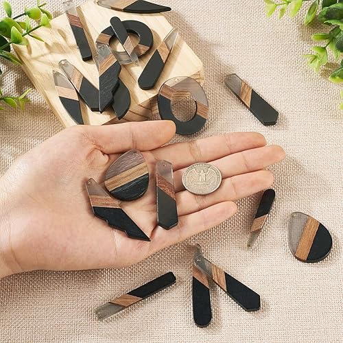 Miniatura 4 de FASHEWELRY 20 piezas dijes de resina de madera para aretes, 3 tonos, bases en blanco para aretes de madera, lágrima, hexágono, rectángulo,