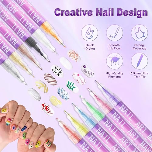 Miniatura 6 de Bolígrafos de arte de uñas de 12 colores, punta fina de 0.020 in, bolígrafos de esmalte de uñas 3D de secado rápido para diseño de uñas, pintura de