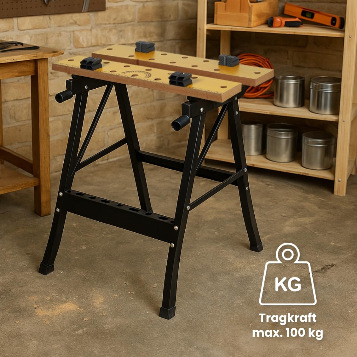 WALTER Werk- und Spanntisch, 100 kg Tragkraft, große Arbeitsfläche, klappbar und vielseitig verstellbar, universell einsetzbar, zum Schleifen, Sägen oder Einspannen von Werkstücken, Arbeitshöhe 77 cm