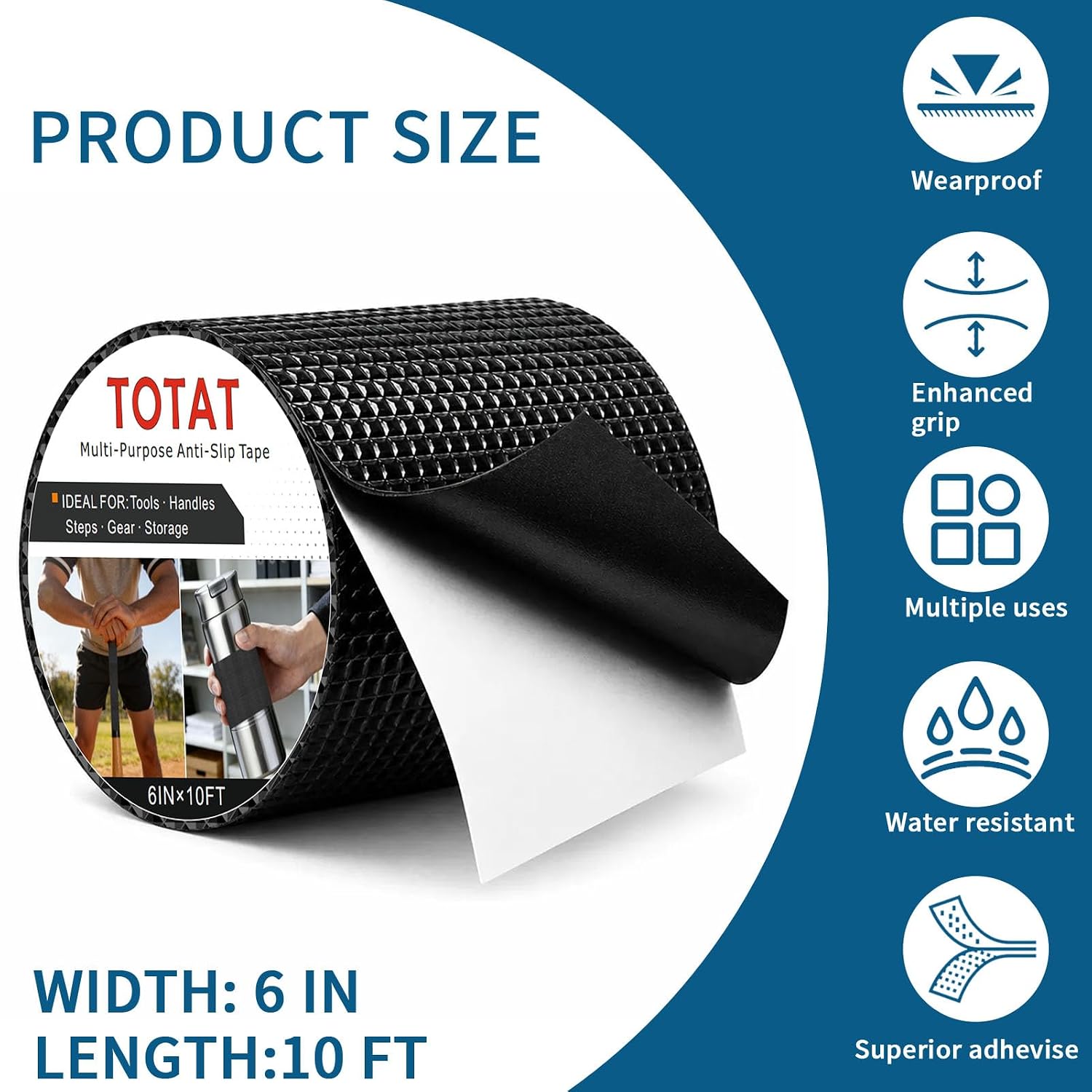 Textured Grip Tape, 6IN x 10FT Strong Anti Slip Rubber Tape, Waterproof & Heat Resistant with High Adhesion for Tools, Gym Equipment, Bicycle Handlebars and Slippery Surfaces (Black)