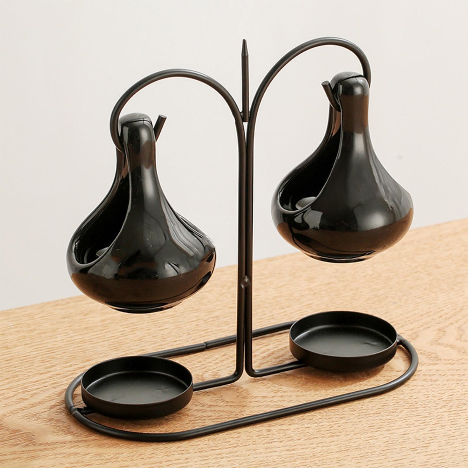 Aromatherapie-Brenner, Teelichthalter aus Metall for Aufhängen, doppelter Keramik-Aromatherapie-Schmelzdiffusor zur Entspannung, Schmelzwärmer(Black)