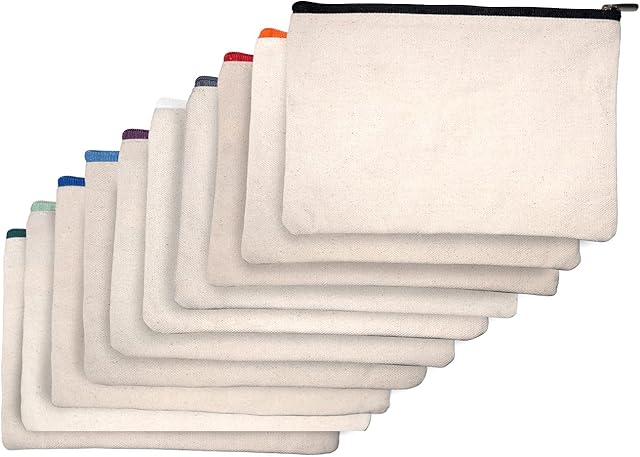 Cotton Canvas Blank Bags with Zipper-Makeup, Pencil, Toiletry, Multipurpose Bags-8.4 x 4.8 inch-Pack of 10 (Multi Colour)