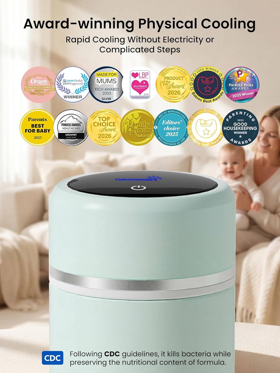 Grownsy Portable Baby Formula Bottle Maker, Rapid Cooling in 3 Min, Pure Physical Cooling, No Power Needed, Smart Color Temp Display, Travel & Night Feeding Essential, Includes Formula Dispenser,Green