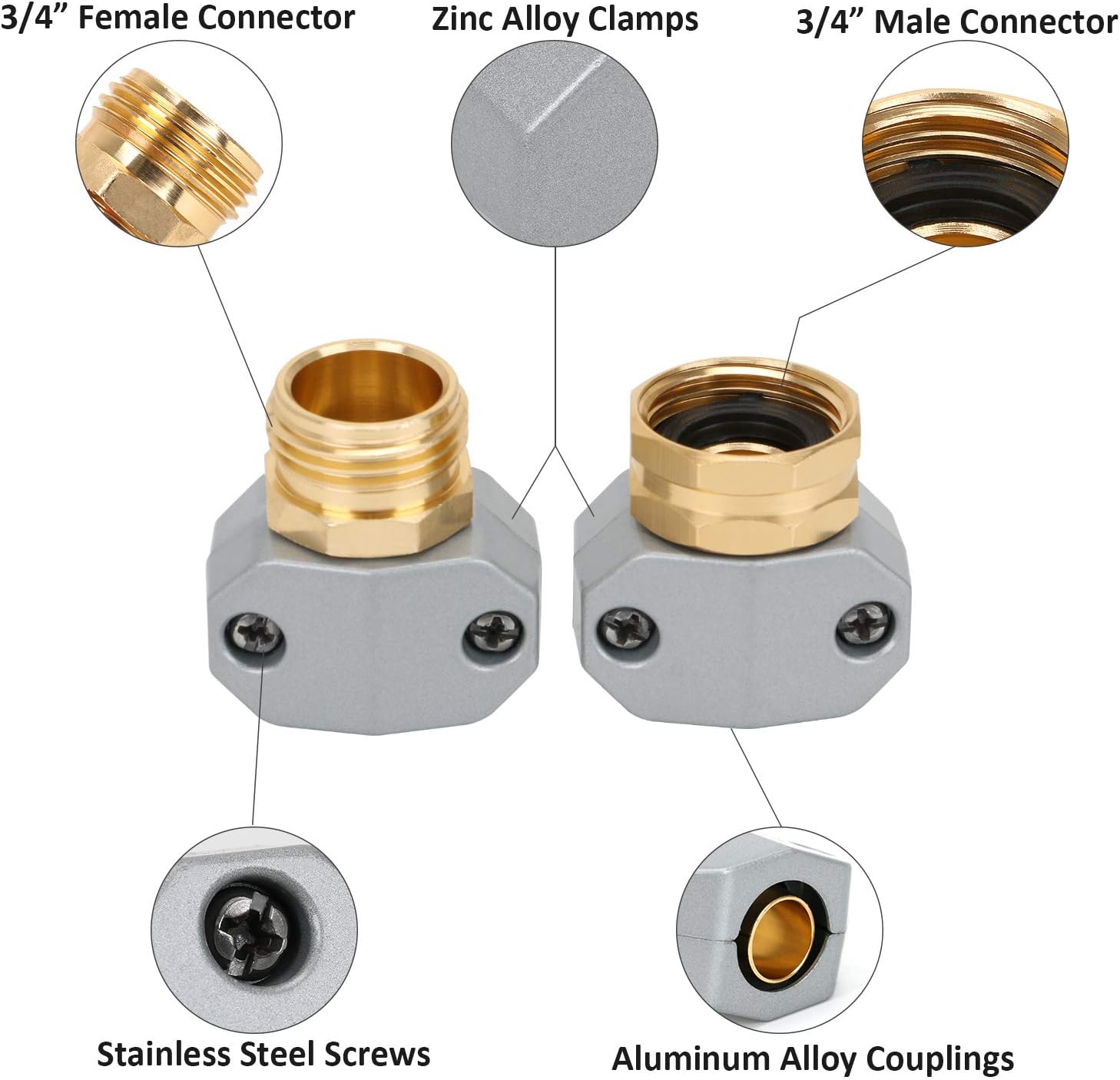 STYDDI Garden Hose Repair Connector Fitting, Aluminum Mender Female and Male Hose End Connector with Zinc Clamp, Fit 5/8-Inch and 3/4-Inch Garden Hose, 3 Sets : Patio, Lawn & Garden