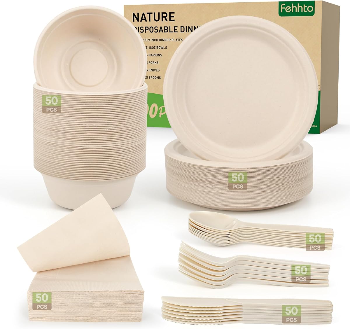 Disposable Paper Plates Set 300PCS Compostable Sugarcane Plates, Bowls | Heavy-duty Utensil, Biodegradable Napkins, Eco-friendly Dinnerware Set for Party Camping 50 People