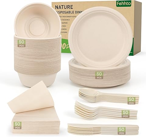 Disposable Paper Plates Set 300PCS Compostable Sugarcane Plates, Bowls, Heavy-duty