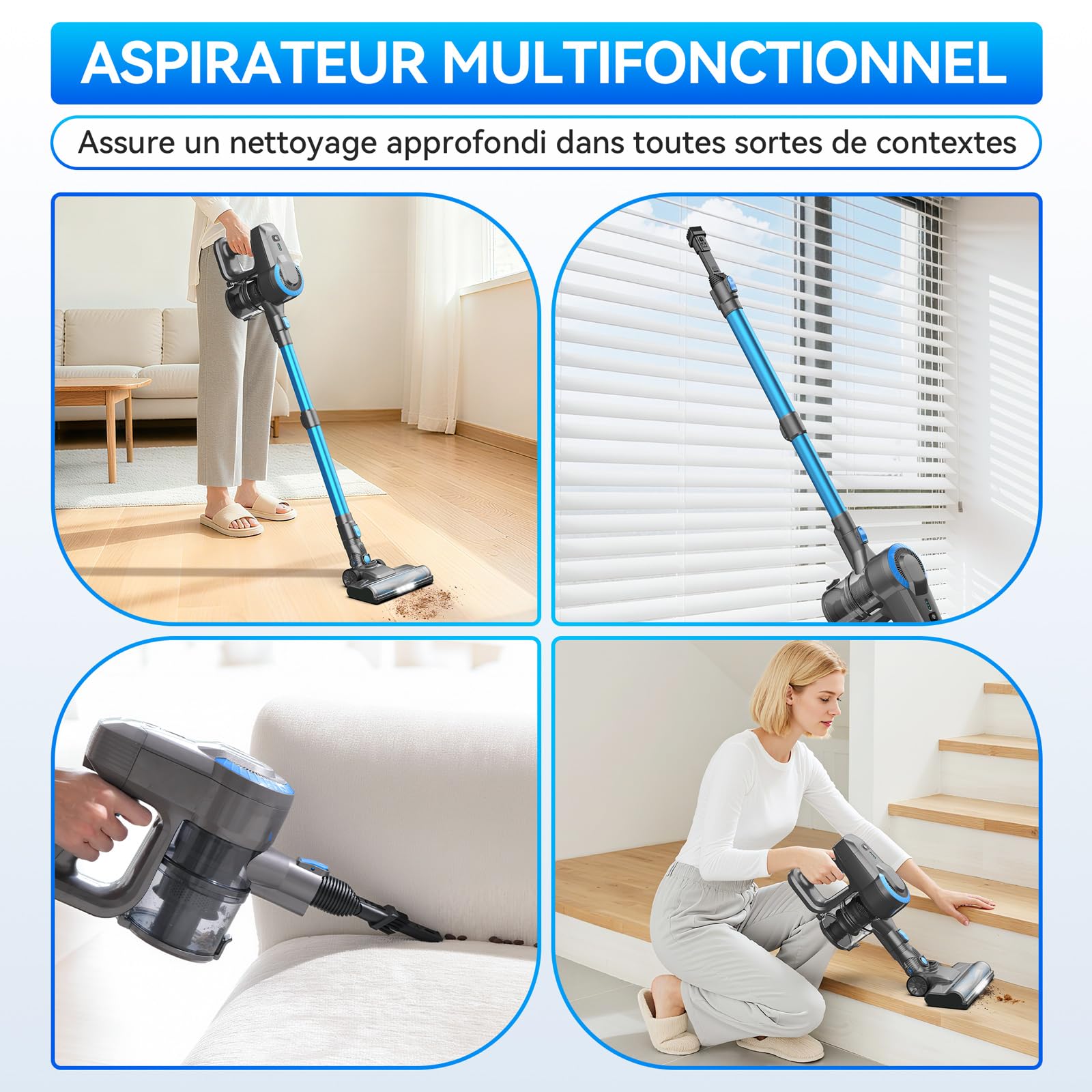 Aspirateur Balai sans Fil, 28kPa Aspirateur sans Fil, 6 en 1 Aspirateur Puissant Aspirateur sans Fil Puissant 55 Minutes d'Autonomie, Brosse LED, Aspirateur Balai pour Tapis Sols Poils d'animaux