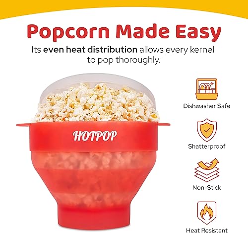 Miniatura 57 de El Hotpop Original - Palomitero para microondas, Popcorn, contenedor de silicona para hacer de palomitas de maíz, cuenco plegable sin BPA y apto