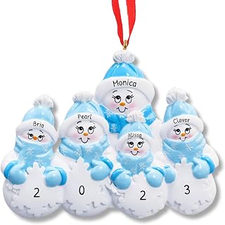 Ornaments by Elves - Personalized Snowman Family Christmas Ornaments 2026 - Mother & Four Children Blue Scarf Snowflakes Enjoying Winter Holiday Seasons Hanging Decor in Giftable Packaging